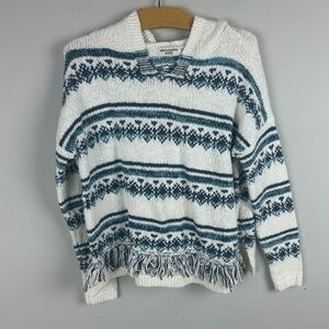 Abercrombie Kids Fair Isle Fringe Hem Sweater Size 9/10 White Teal Knit Pullover